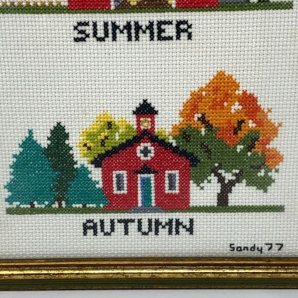 1977 Four Seasons Cross-Stitch Church Barn Trees Professional Framed - Picture 5 of 9